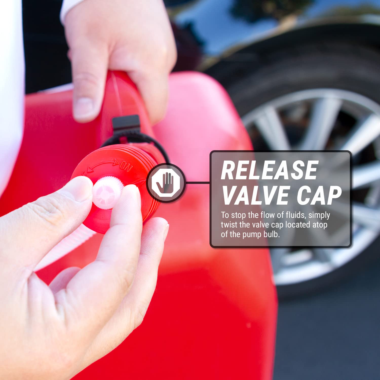 TERA PUMP pouring gasoline into lawnmower enabling safe refueling