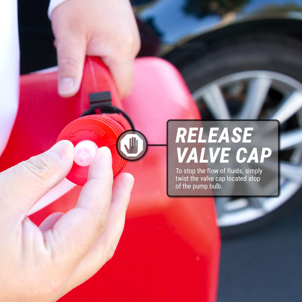 TERA PUMP pouring gasoline into lawnmower enabling safe refueling