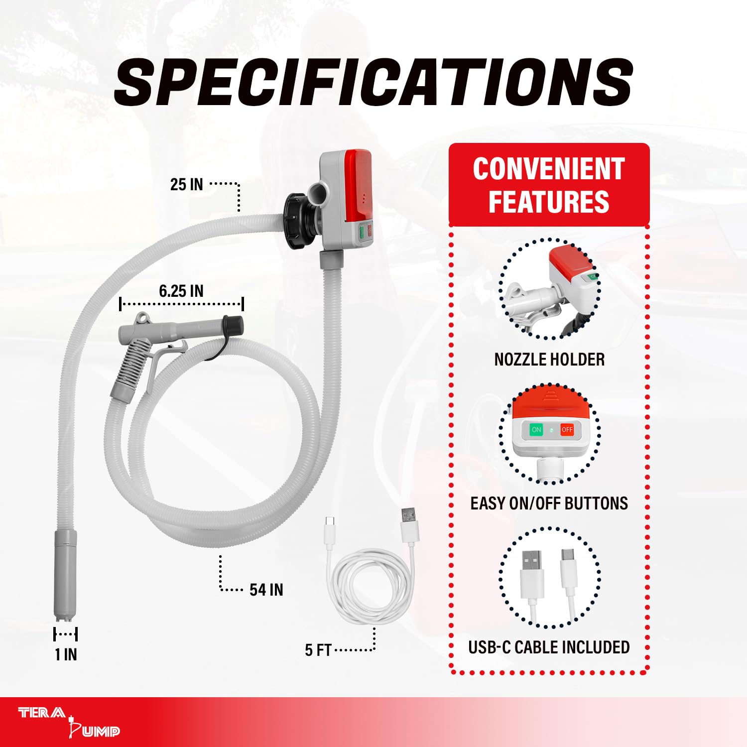 TERA PUMP USB-C cable and battery compartment showing flexible power options