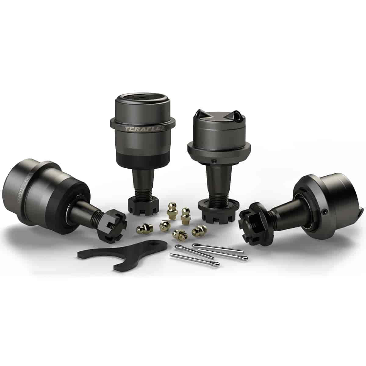 TeraFlex 3442002 kit front view showing ball joints and hardware, highlighting durable construction and serviceability