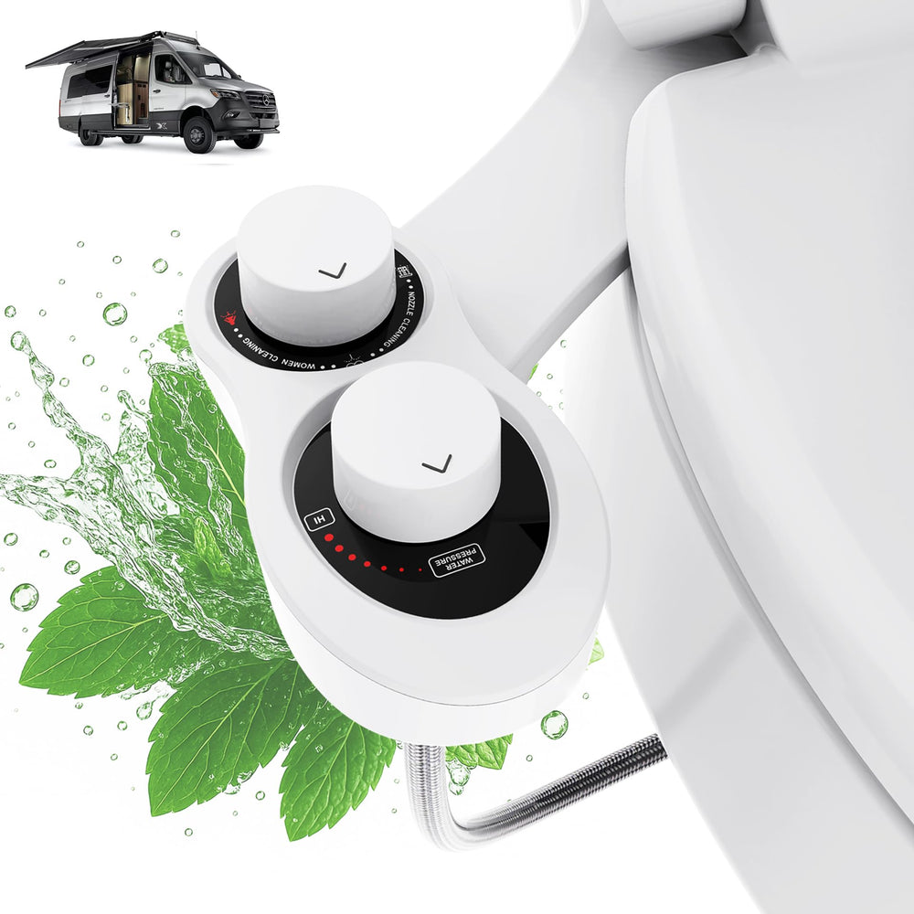 Terapaton front view of RV bidet attachment showing compact fit and clean design