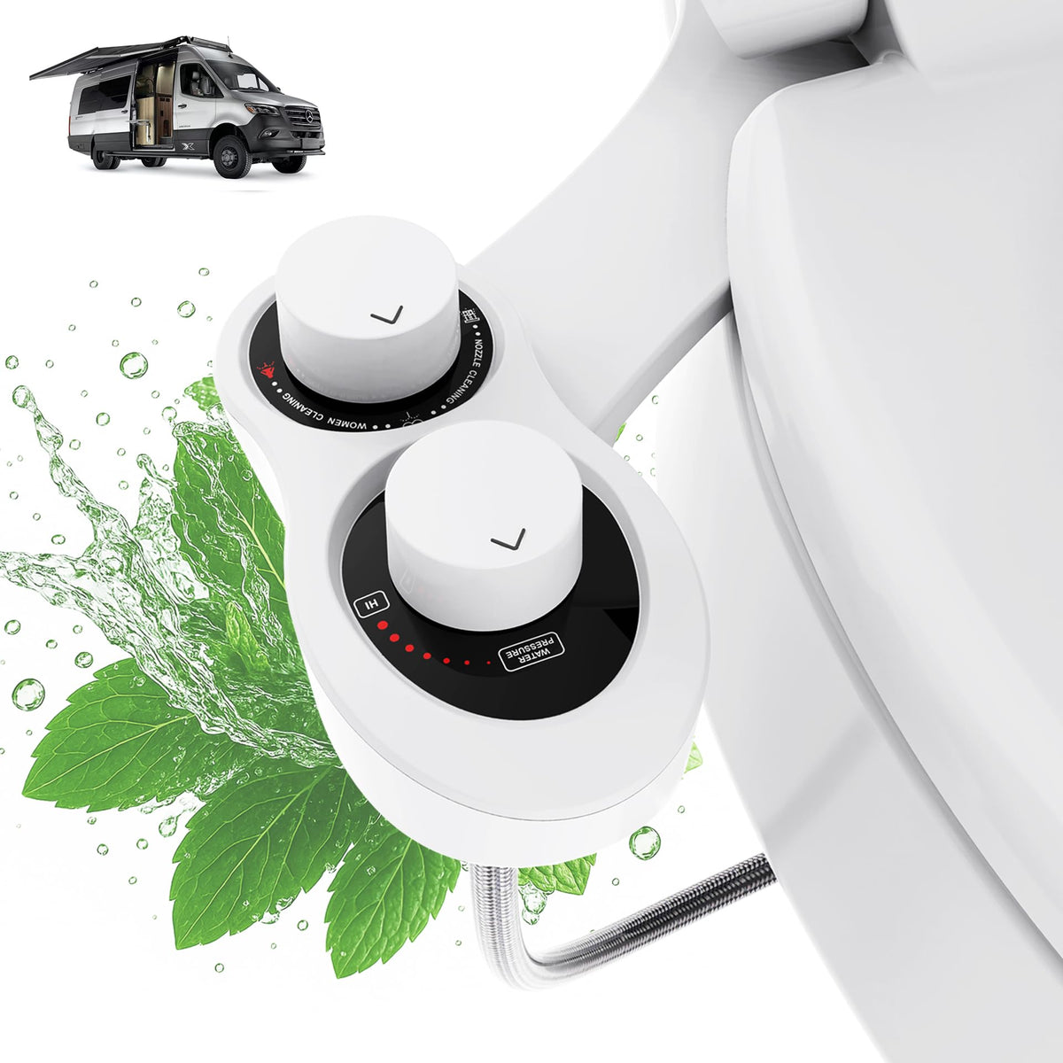 Terapaton front view of RV bidet attachment showing compact fit and clean design