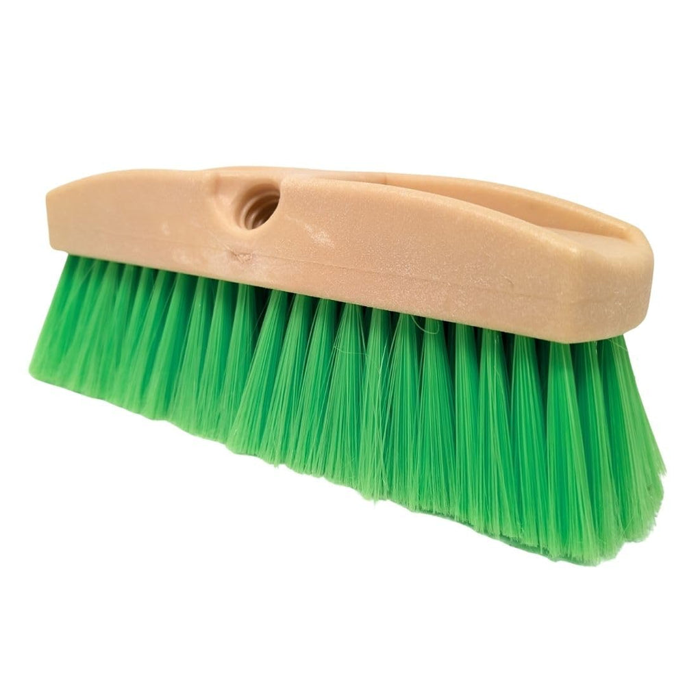 Teravan front view of 10-inch green brush head showing overall shape and fit for poles, useful for quick identification