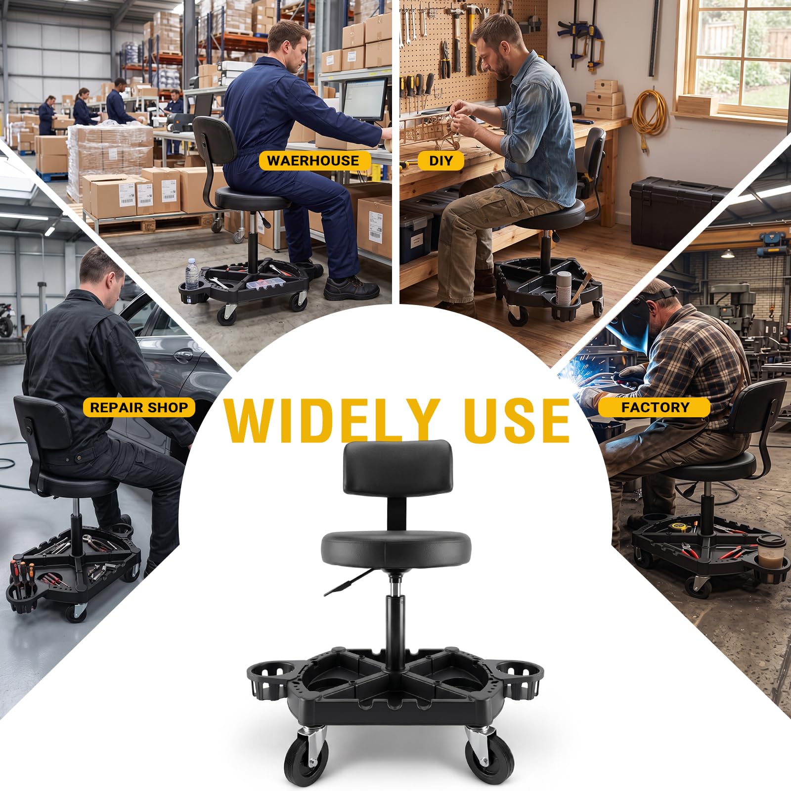 TEROMAS lifestyle image in garage with technician using stool — efficient mobile workspace