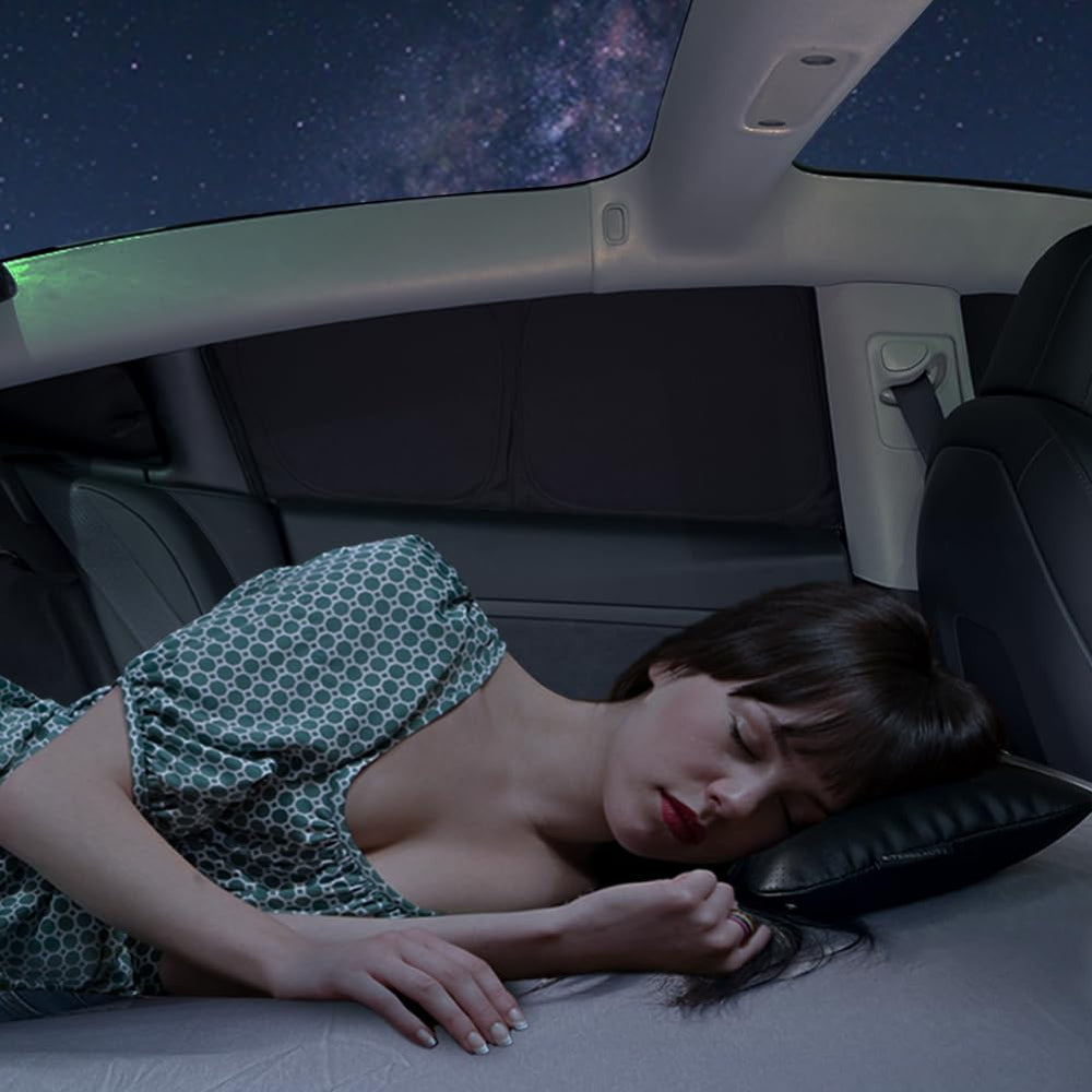 TESBEAUTY privacy curtains in Tesla Model 3 camping setup for comfort