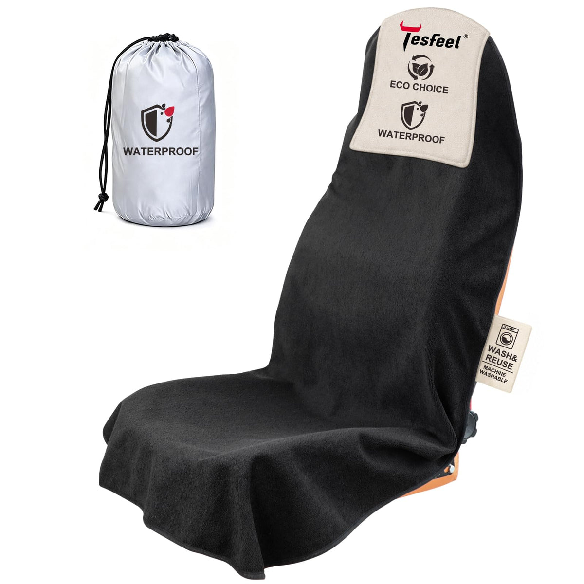 TESFEEL front view on bucket seat showing full coverage and protection