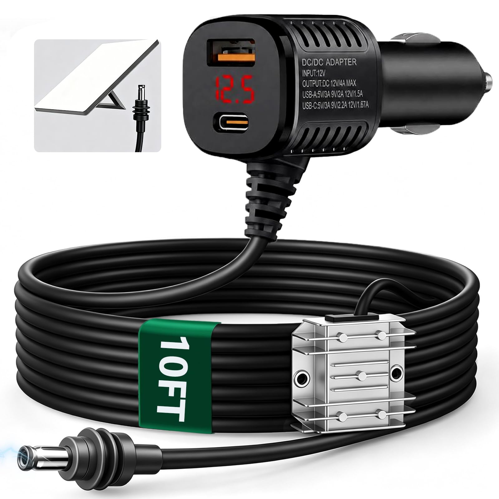 TESKKR adapter front view showing cigarette lighter plug and rugged housing for reliable power