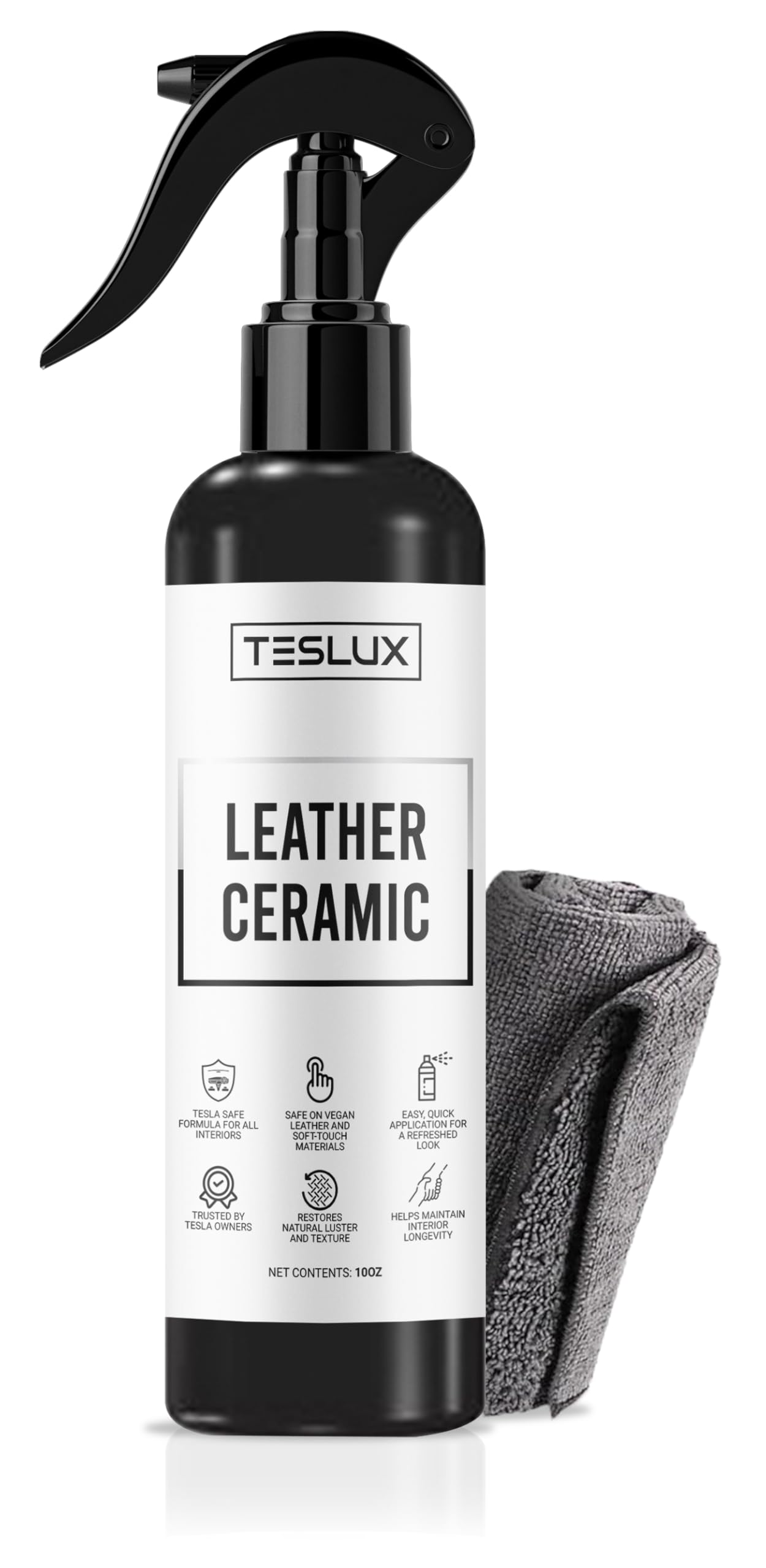 TesLux 10oz bottle beside Tesla key showing coverage and scale