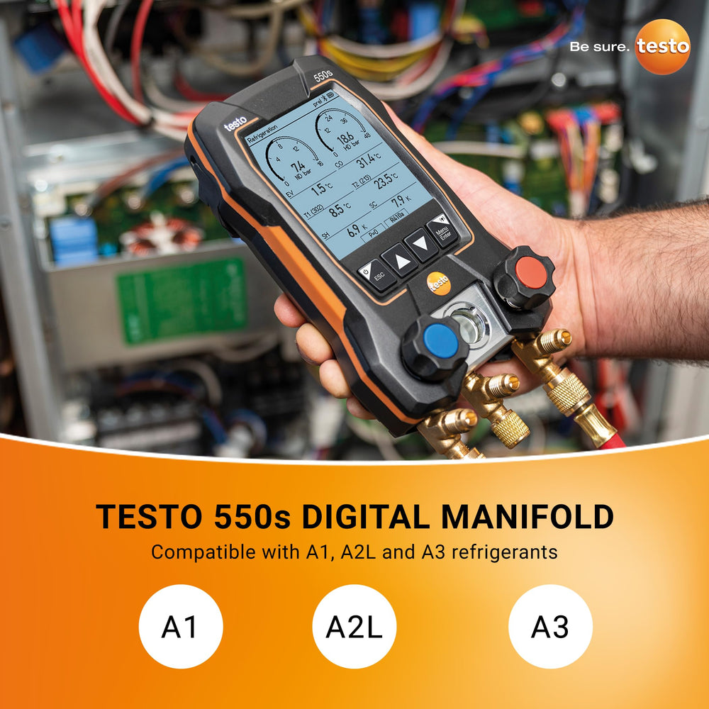 Testo 550s manifold and hoses overview demonstrating full kit setup and features
