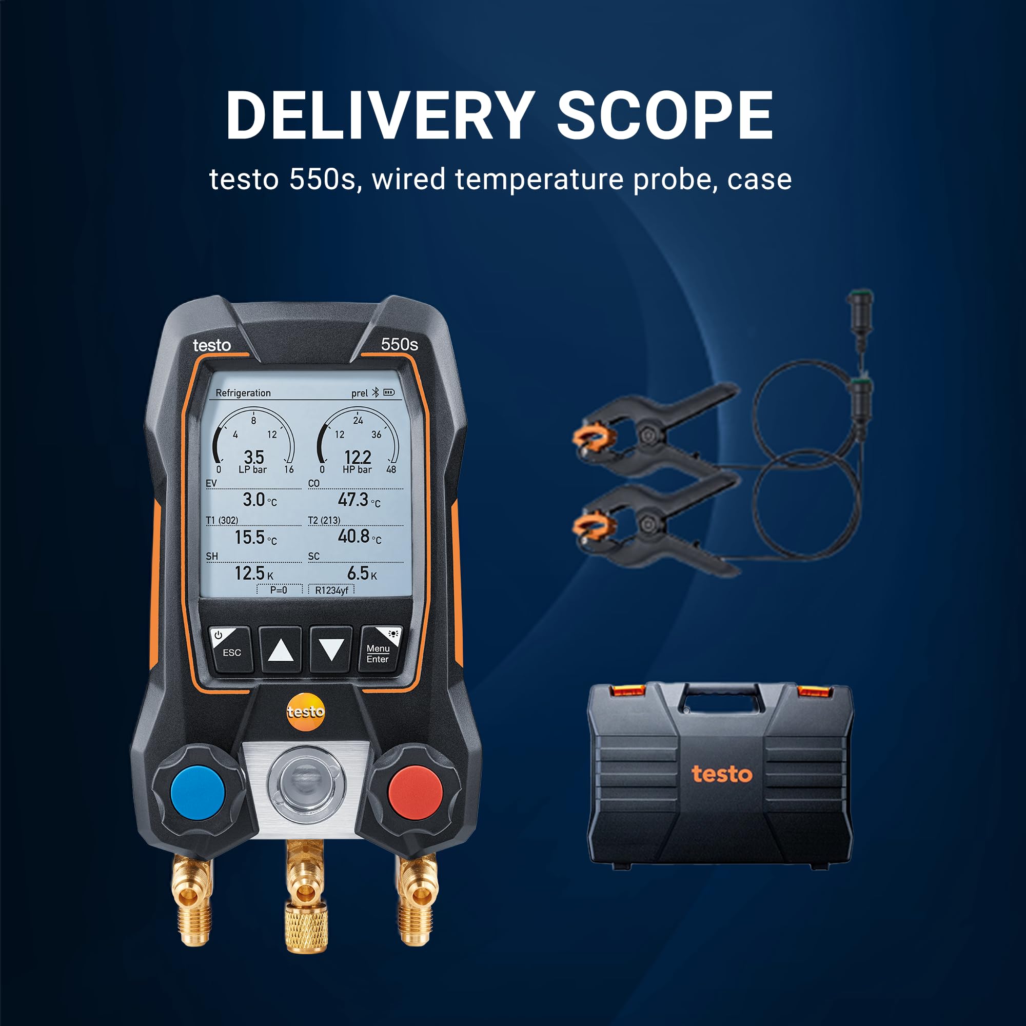 Technician using Testo 550s on an AC condenser for live pressure and temp checks