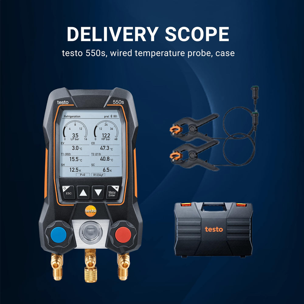 Technician using Testo 550s on an AC condenser for live pressure and temp checks