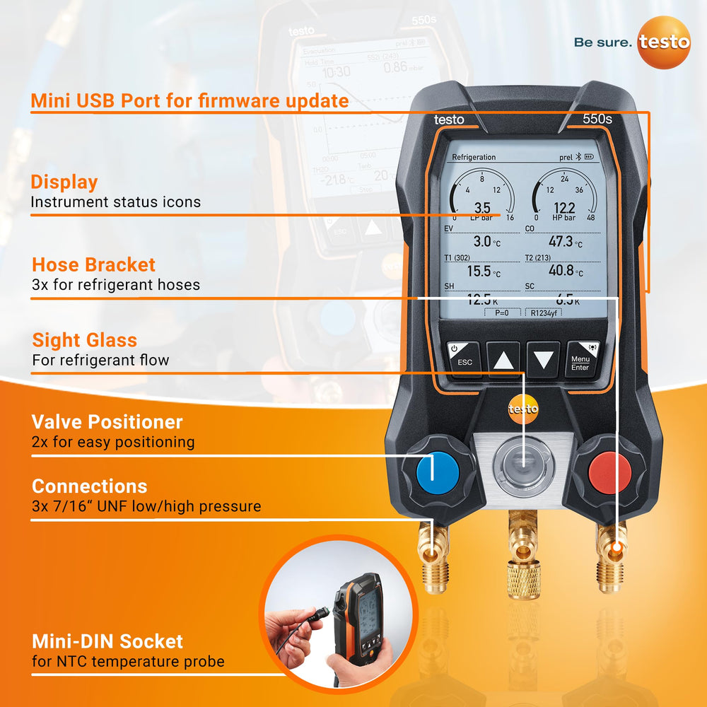 Testo 550s side connection panel with hose ports and durable fittings for reliability