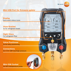 Testo 550s side connection panel with hose ports and durable fittings for reliability