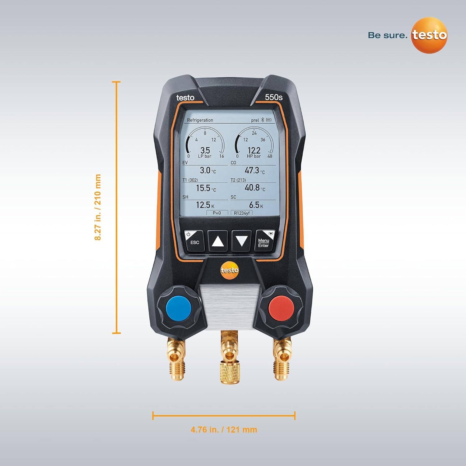 Testo 550s size comparison beside hand tools showing compact, portable design