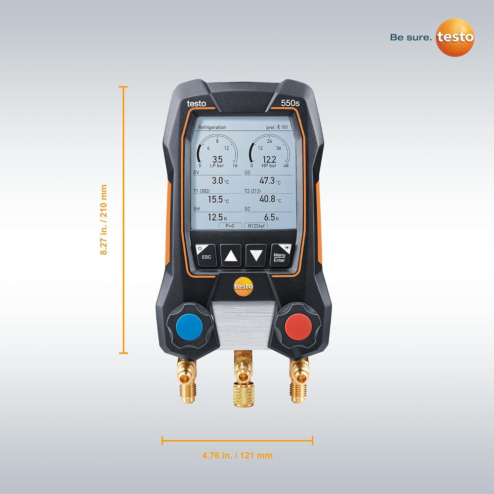 Testo 550s size comparison beside hand tools showing compact, portable design