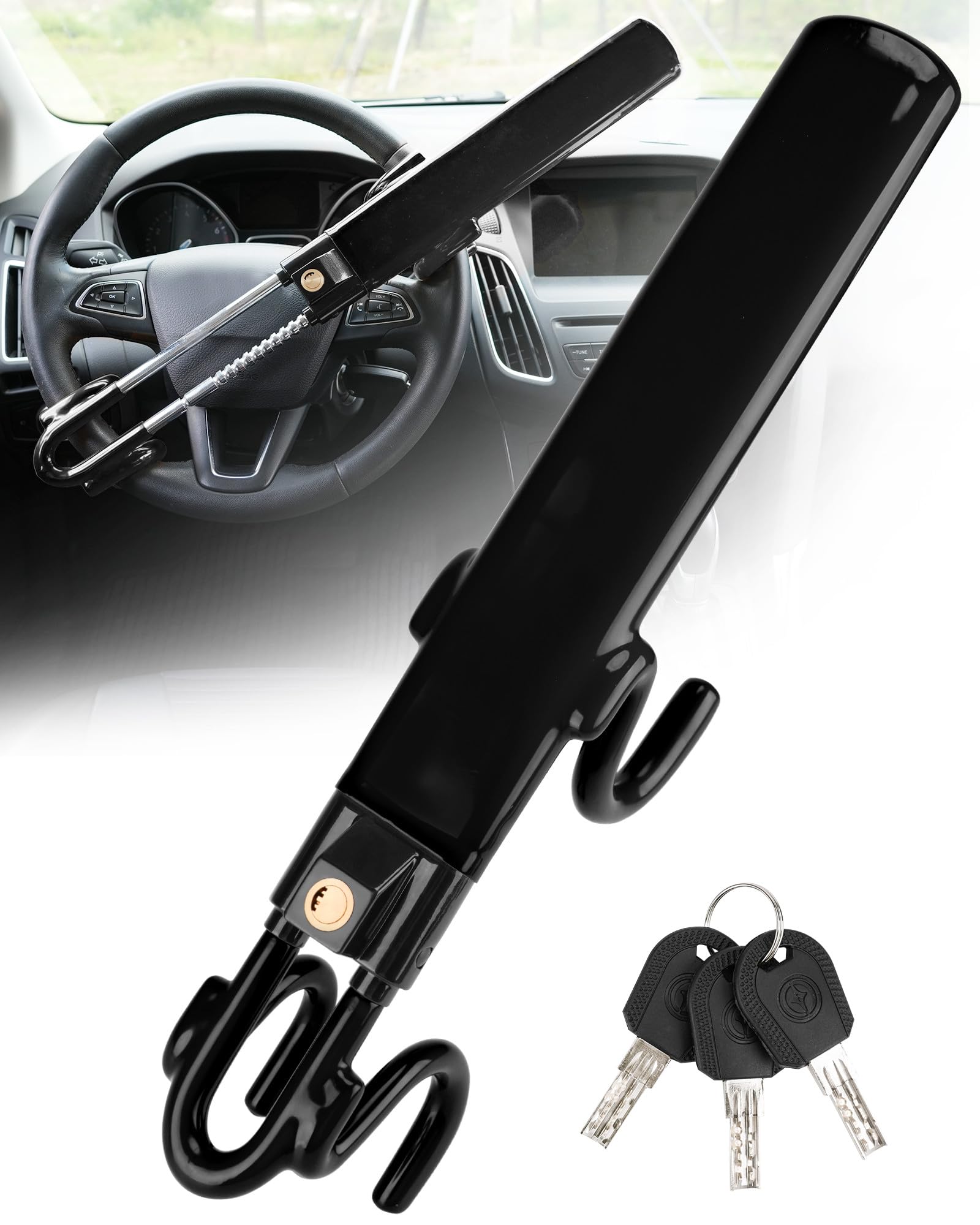 Tevlaphee front view showing full steering wheel lock and visibility benefit