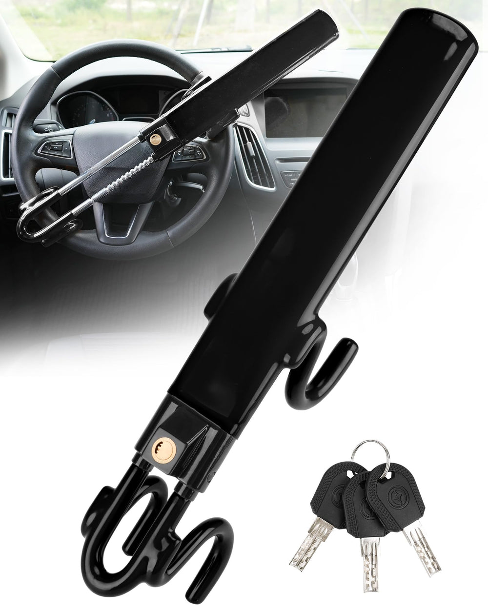 Tevlaphee front view showing full steering wheel lock and visibility benefit