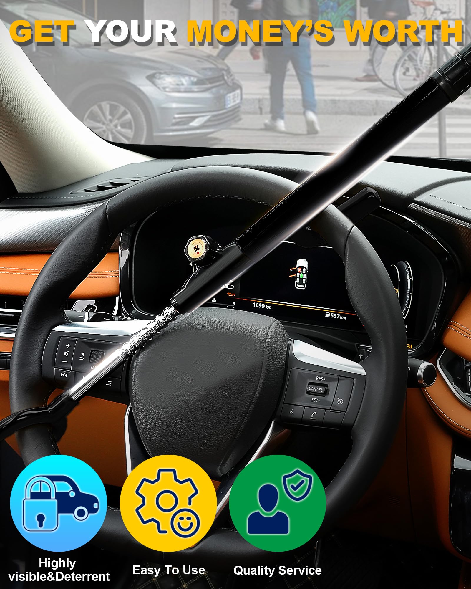 Tevlaphee lock visible in parked car deterring theft in public spaces