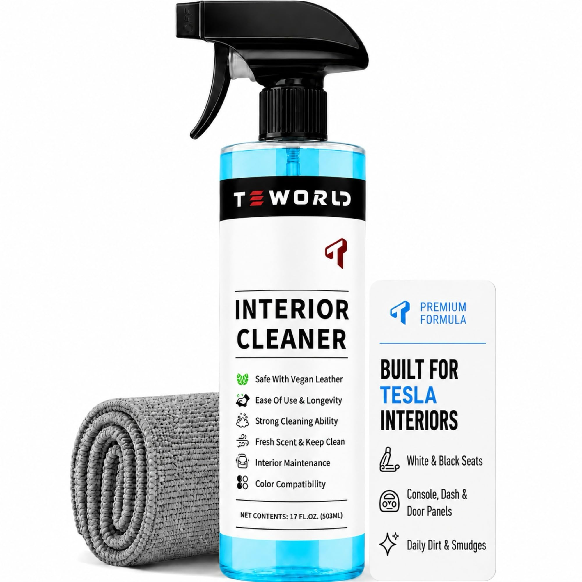 teworld front bottle and towel showing starter kit for Tesla interior care