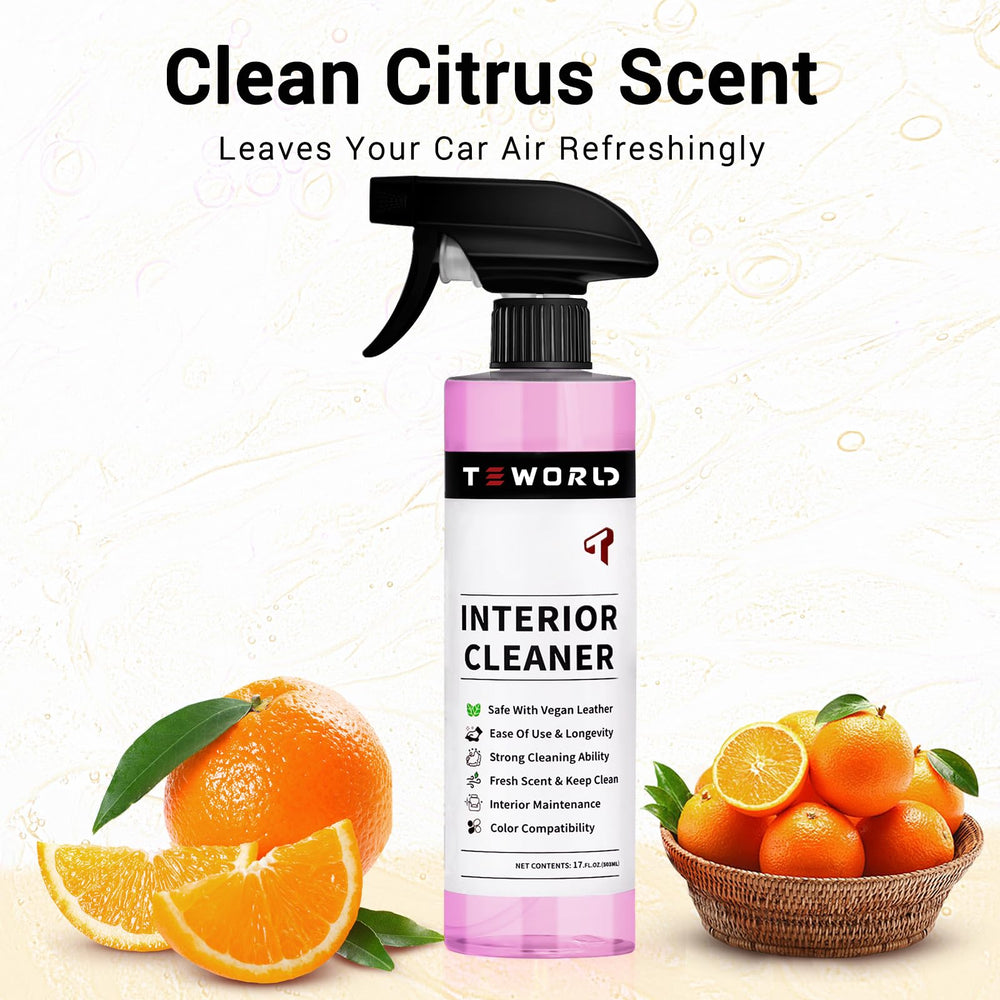 teworld cleaner in use on Model Y console, cleans high-touch surfaces