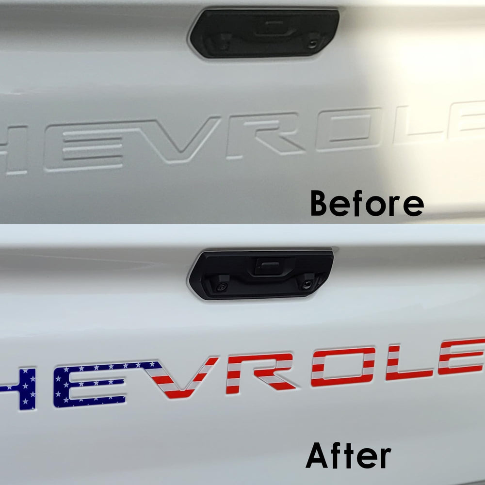 Texflic emblems installed on a Chevy Silverado rear demonstrating fit and improved truck appearance benefit