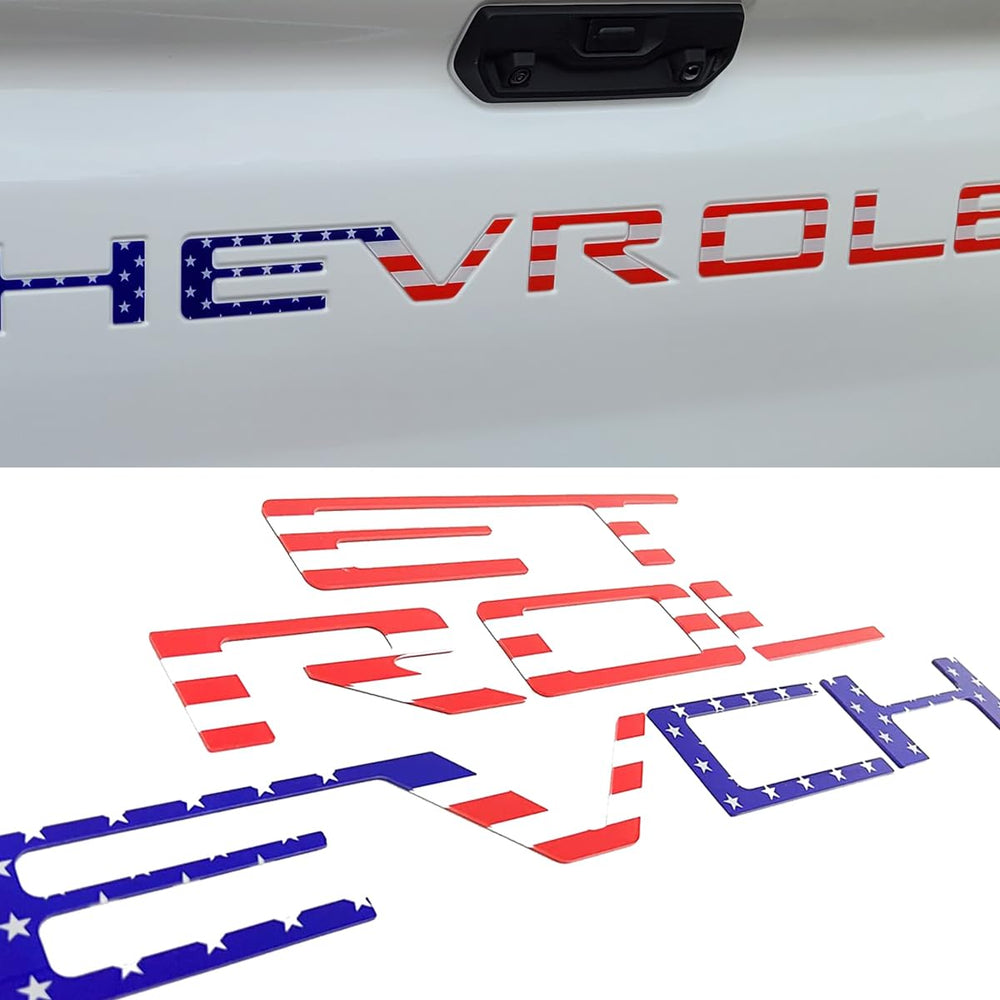 Texflic front view of 3D tailgate letters showing American flag design and crisp edges benefiting rear styling