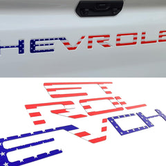Texflic front view of 3D tailgate letters showing American flag design and crisp edges benefiting rear styling