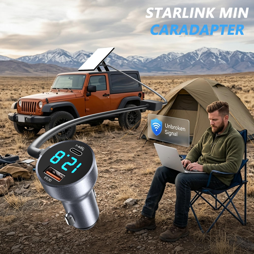 THALASSOTECH lifestyle camping setup with Starlink Mini and devices charged outdoors
