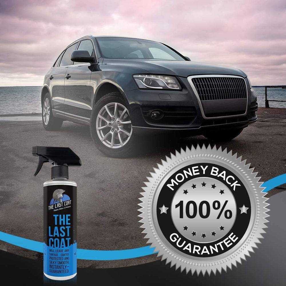 The Last Coat bottle beside car for size comparison showing compact, travel-friendly benefit