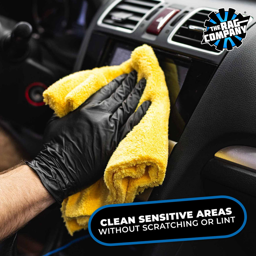 The Rag Company finishing glass with towel for clear, lint-free streak reduction