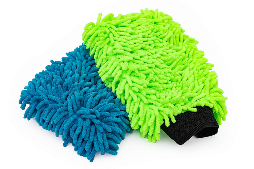 The Rag Company front view of two-color chenille wash mitts, shows packaging and plush look