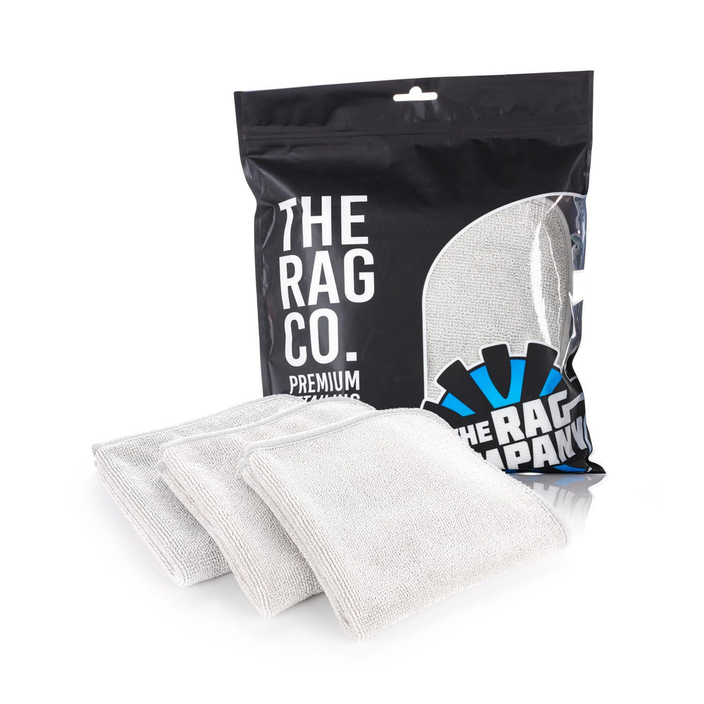 The Rag Company FTW front packaging shows three ice grey towels, clear labeling and neat bundle
