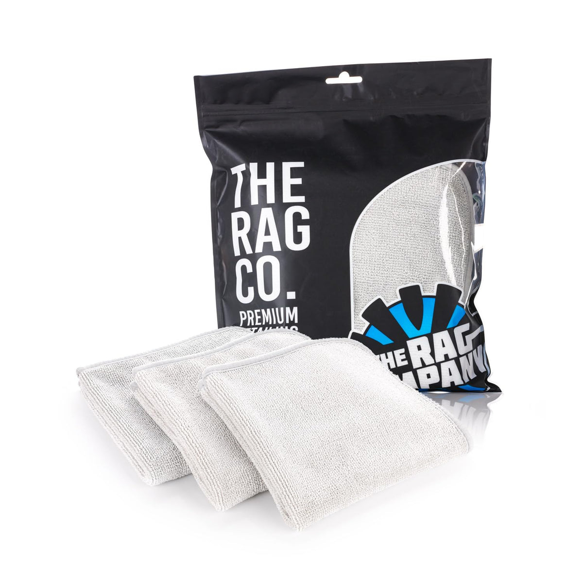 The Rag Company FTW front packaging shows three ice grey towels, clear labeling and neat bundle