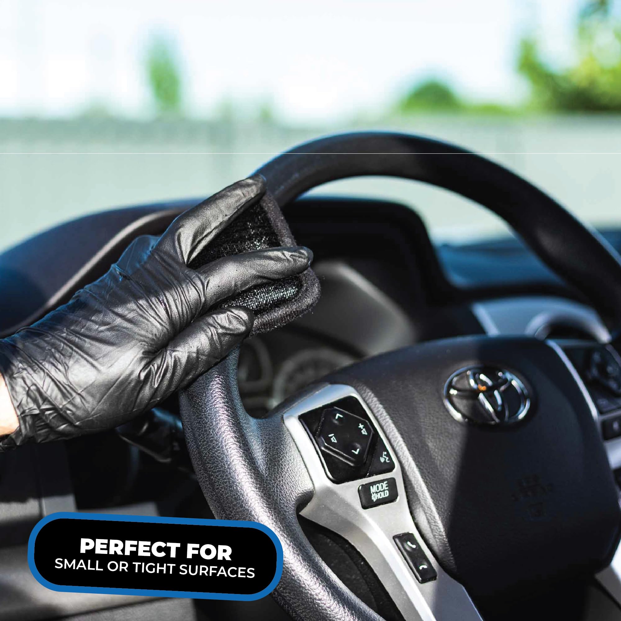 The Rag Company pad removing grime from leather seat while protecting surface