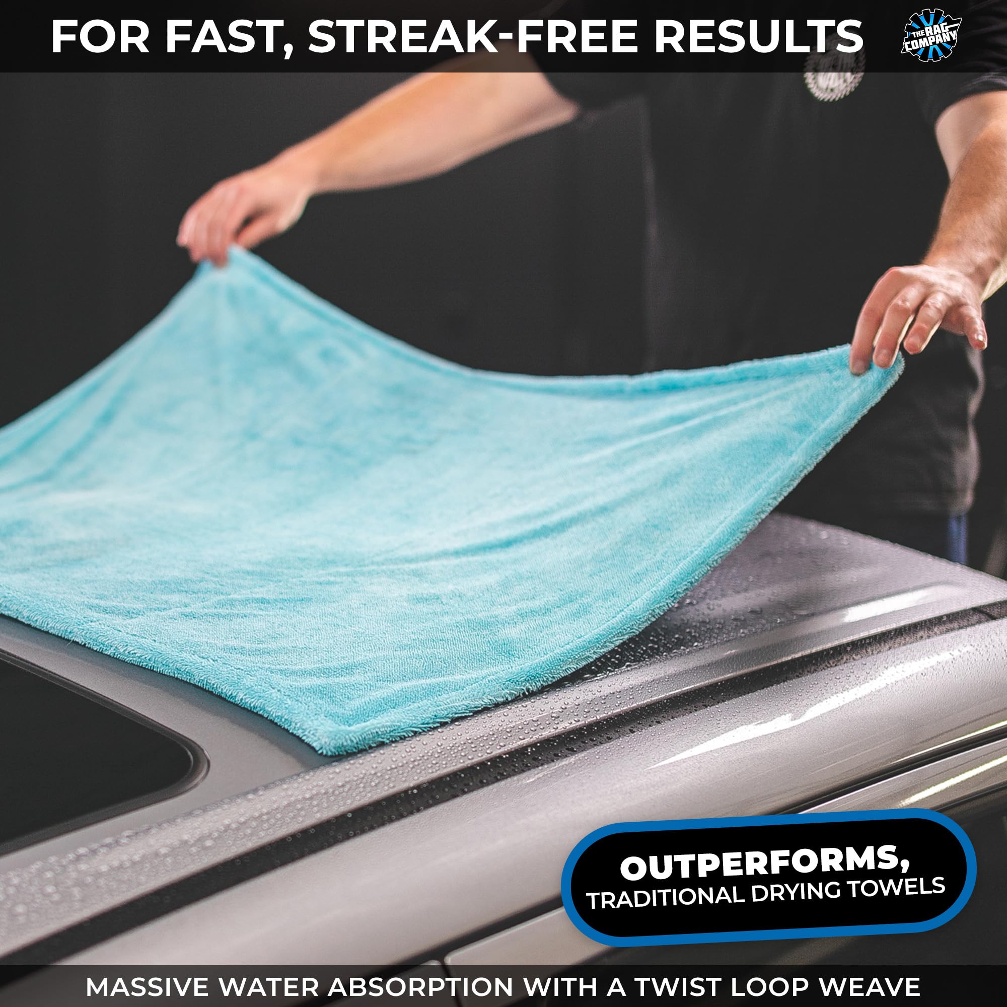 The Rag Company towel on driveway near car showing professional-looking finish