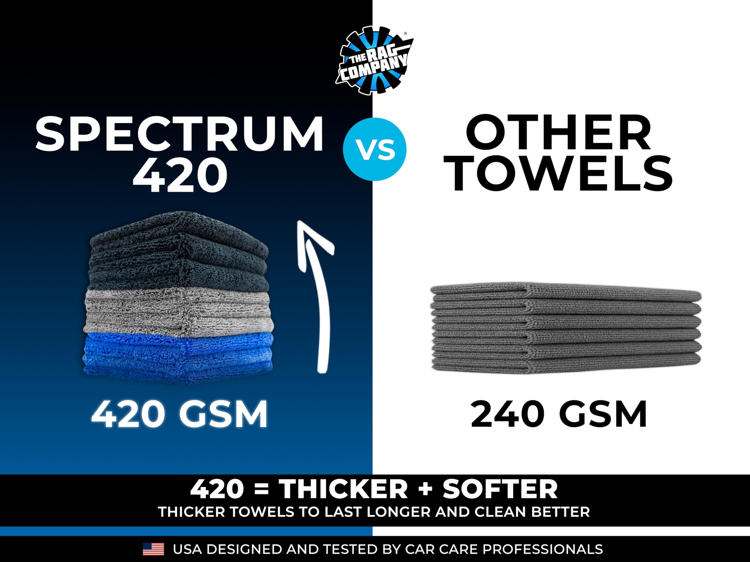 The Rag Company towel on car hood delivering streak-free drying and scratch safety