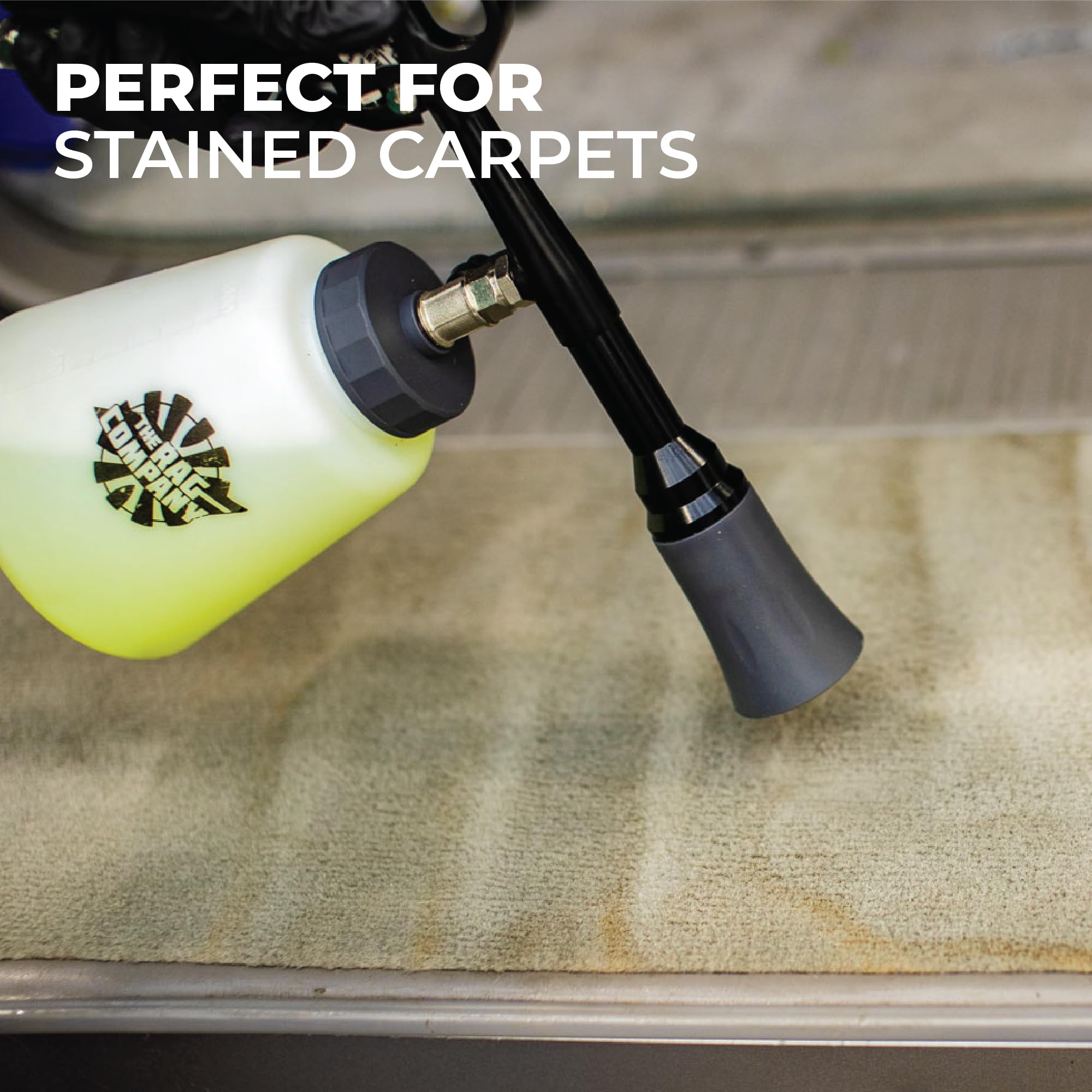 The Rag Company tool in use on car carpet demonstrating fast dirt lifting and precision cleaning