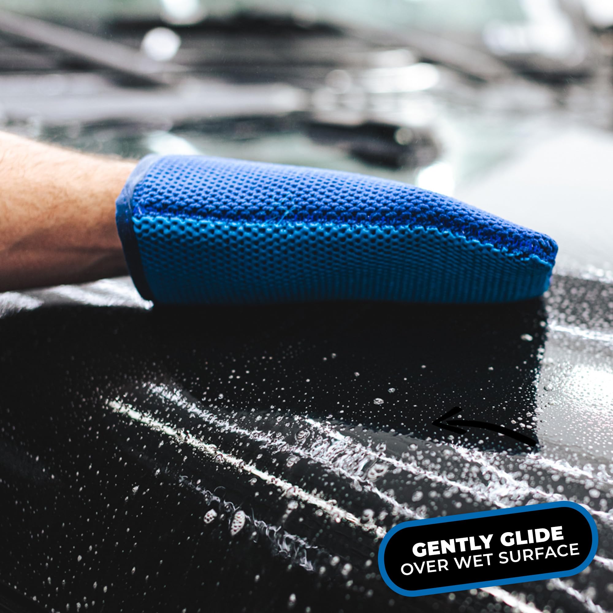 The Rag Company mitt gliding on wet hood to lift bonded pollutants safely