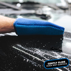 The Rag Company mitt gliding on wet hood to lift bonded pollutants safely