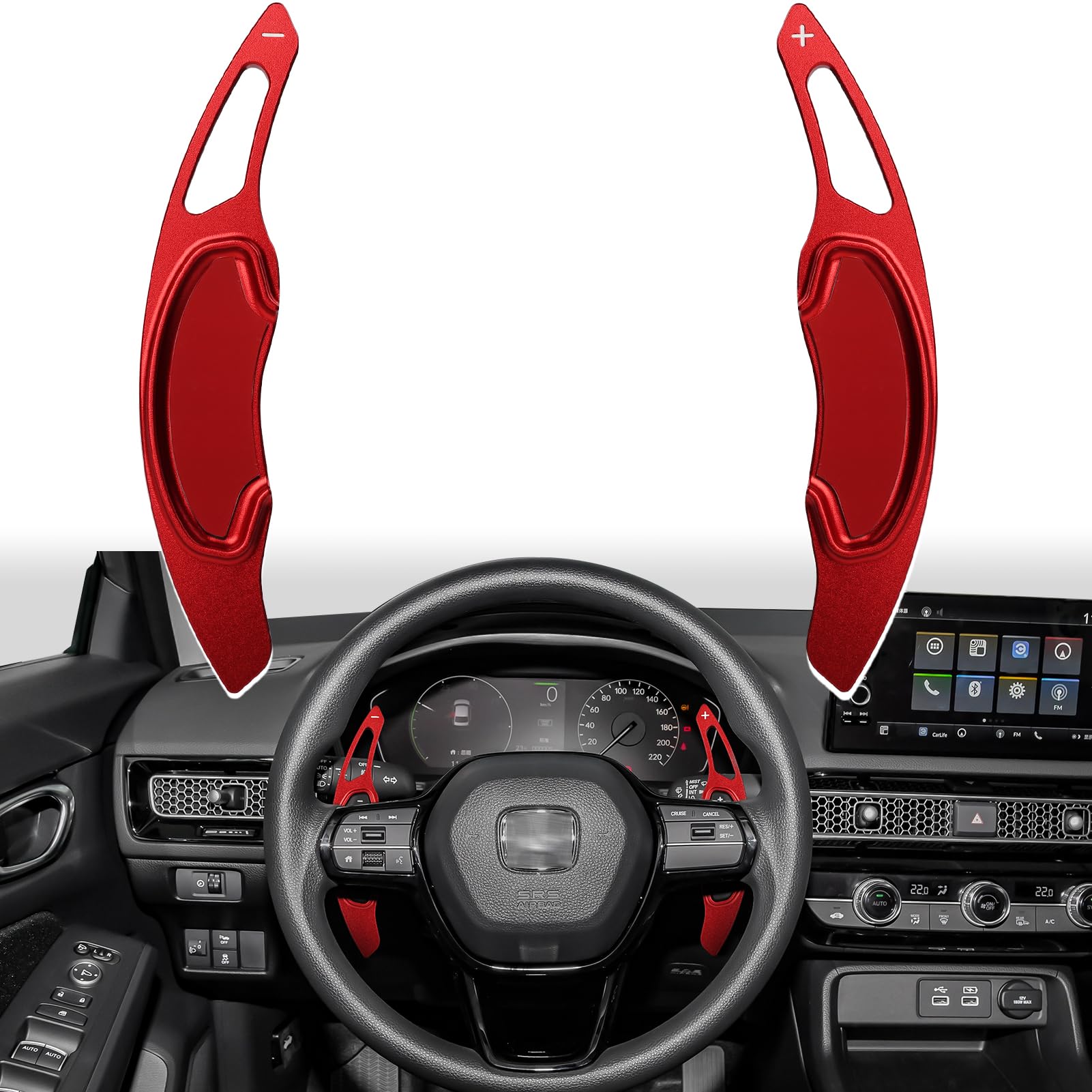 Thenice front view of red paddle shifter extensions showing sporty upgrade benefit