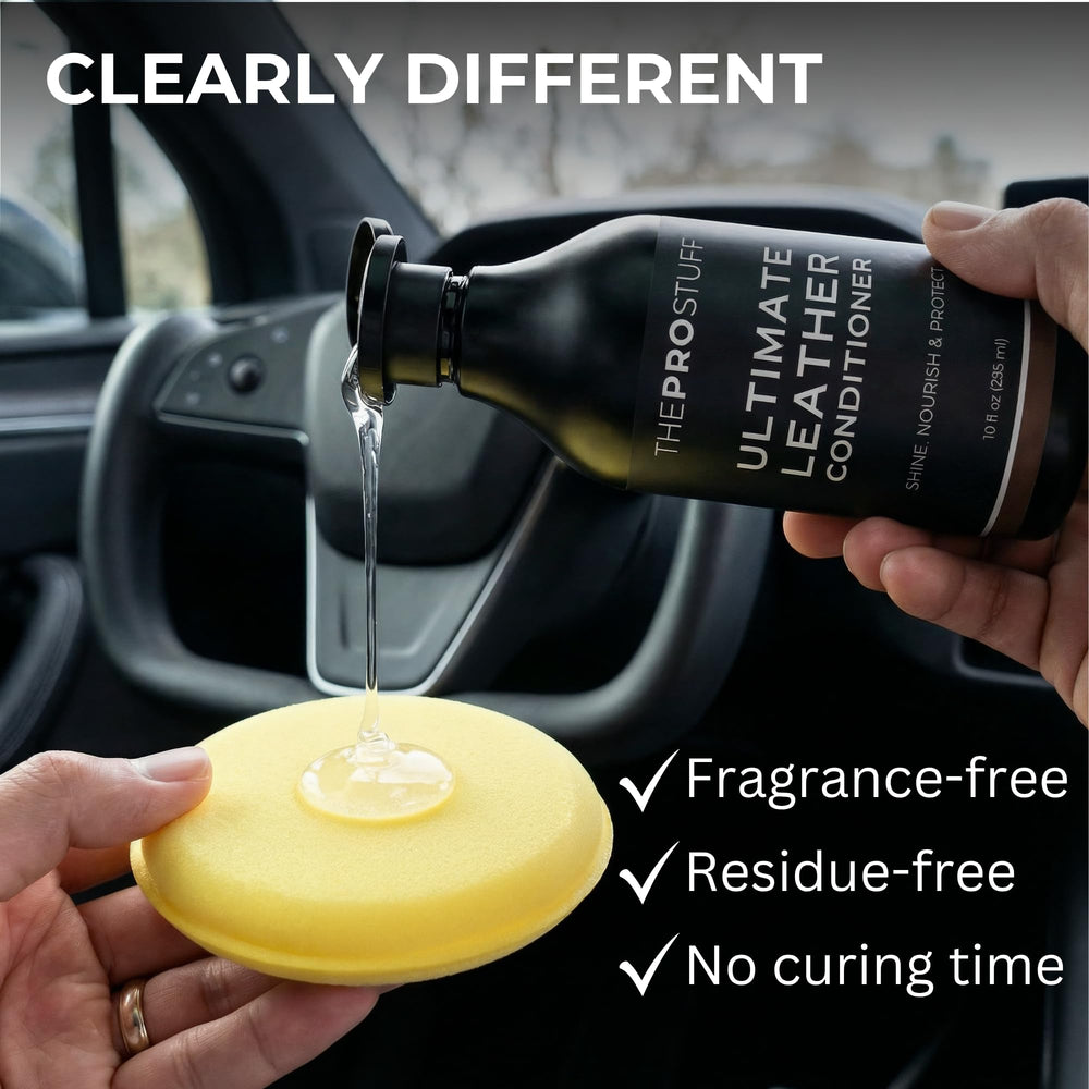 The Pro Stuff being applied to a car seat, restoring supple feel