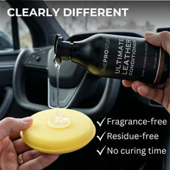 The Pro Stuff being applied to a car seat, restoring supple feel