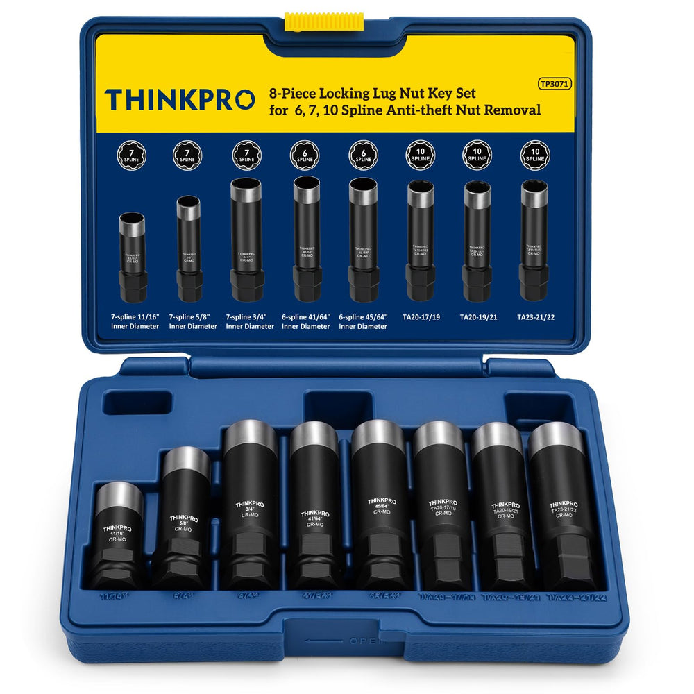 Thinkpro front view of spline lug nut socket set showing organized sockets and case for quick selection