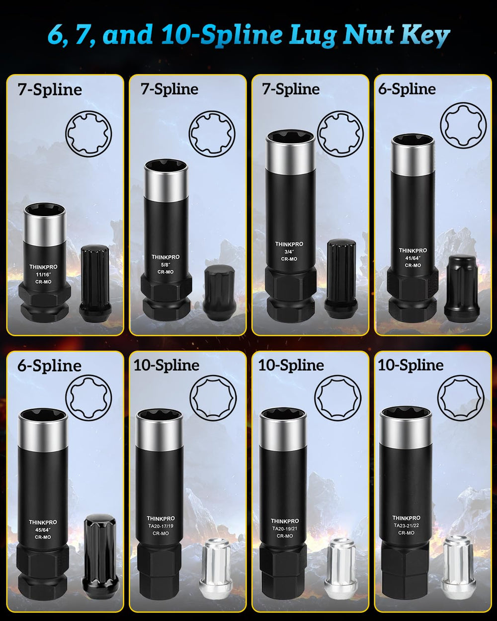 Thinkpro labeled sockets laid out on workbench highlighting included spline sizes and clear markings