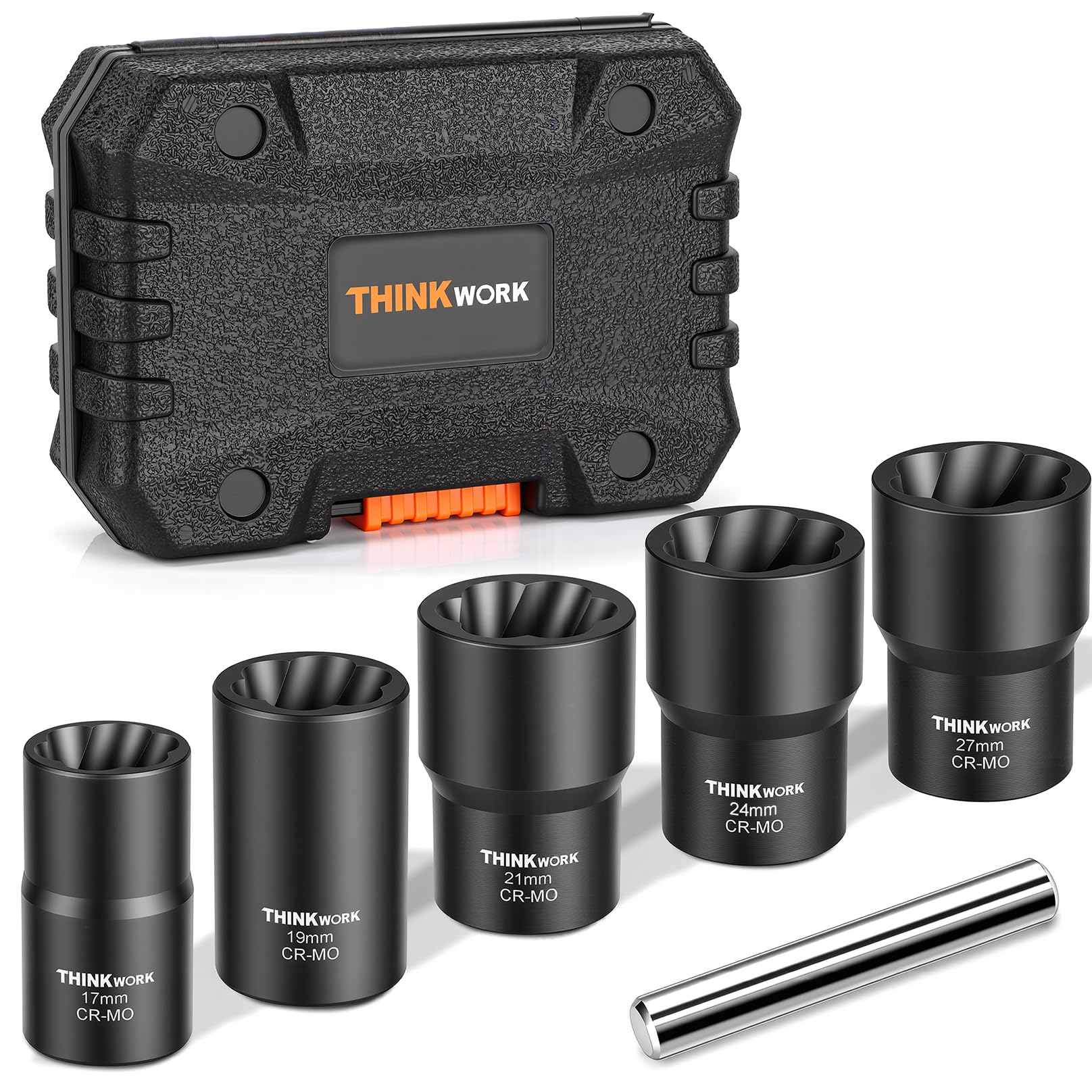 THINKWORK front view of 6-piece lug nut removal kit showing organized sockets and case for quick access