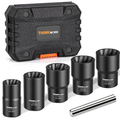 THINKWORK front view of 6-piece lug nut removal kit showing organized sockets and case for quick access