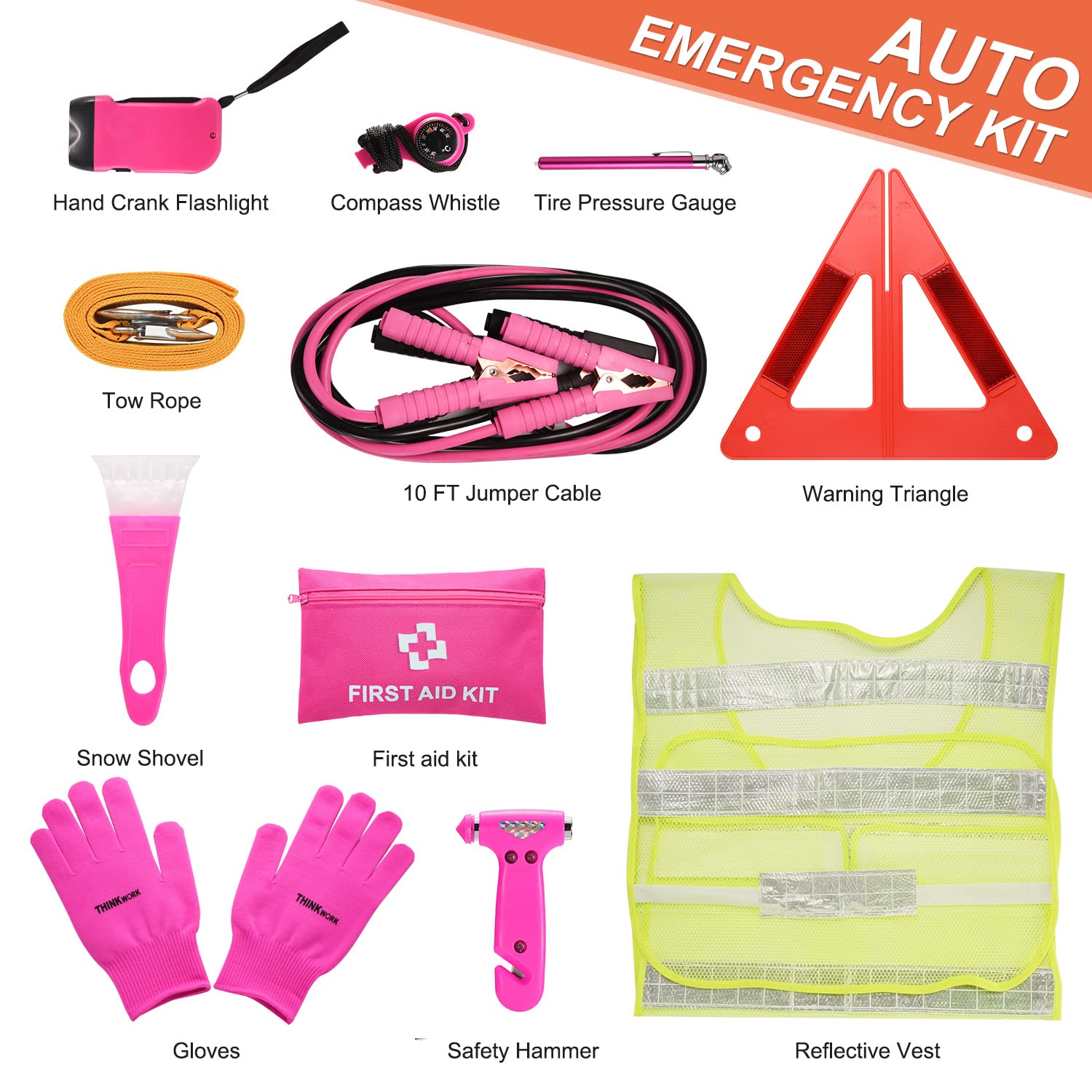THINKWORK tools layout with included jumper, shovel, gloves neatly arranged for quick access