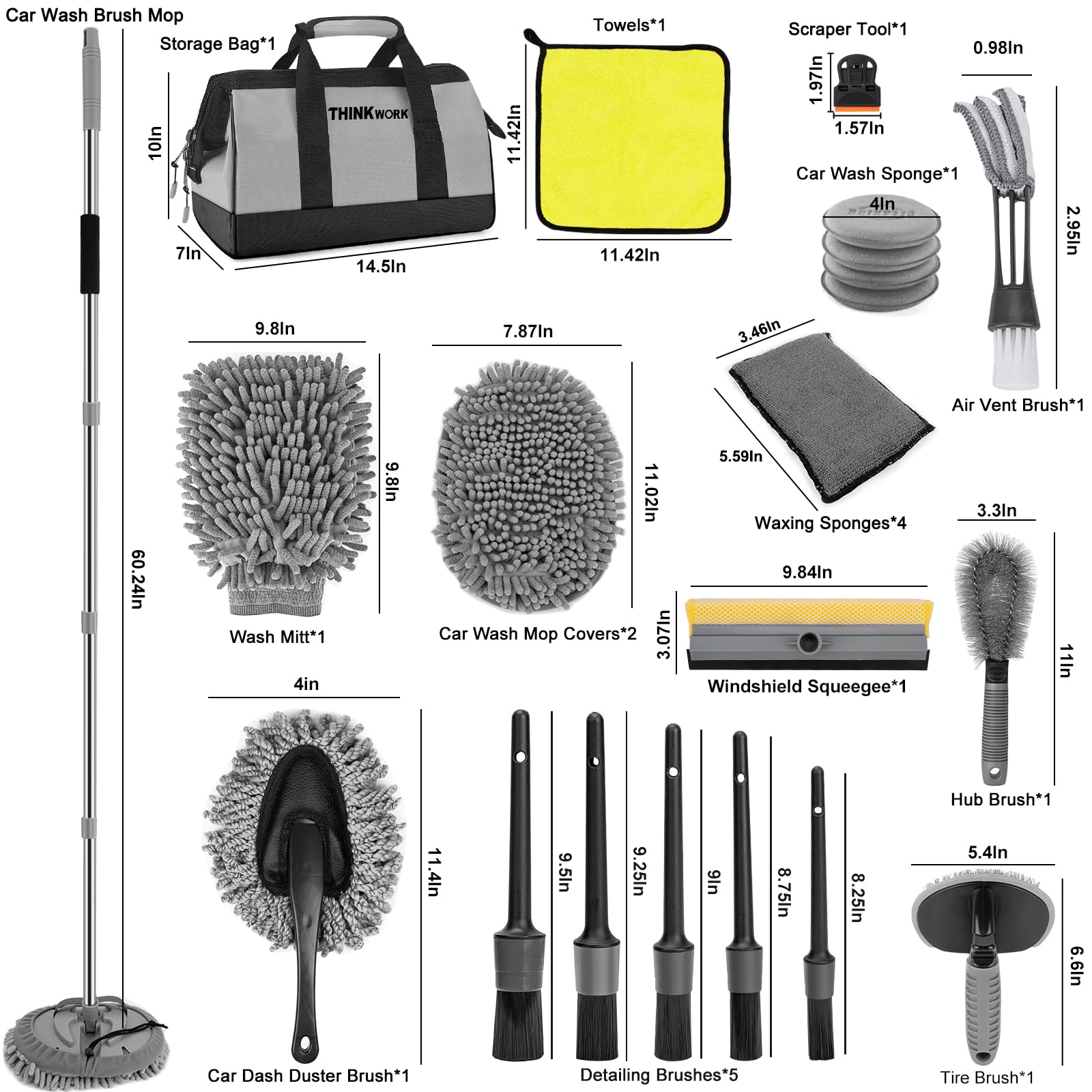 THINKWORK kit beside car showing 62-inch reach for roof cleaning