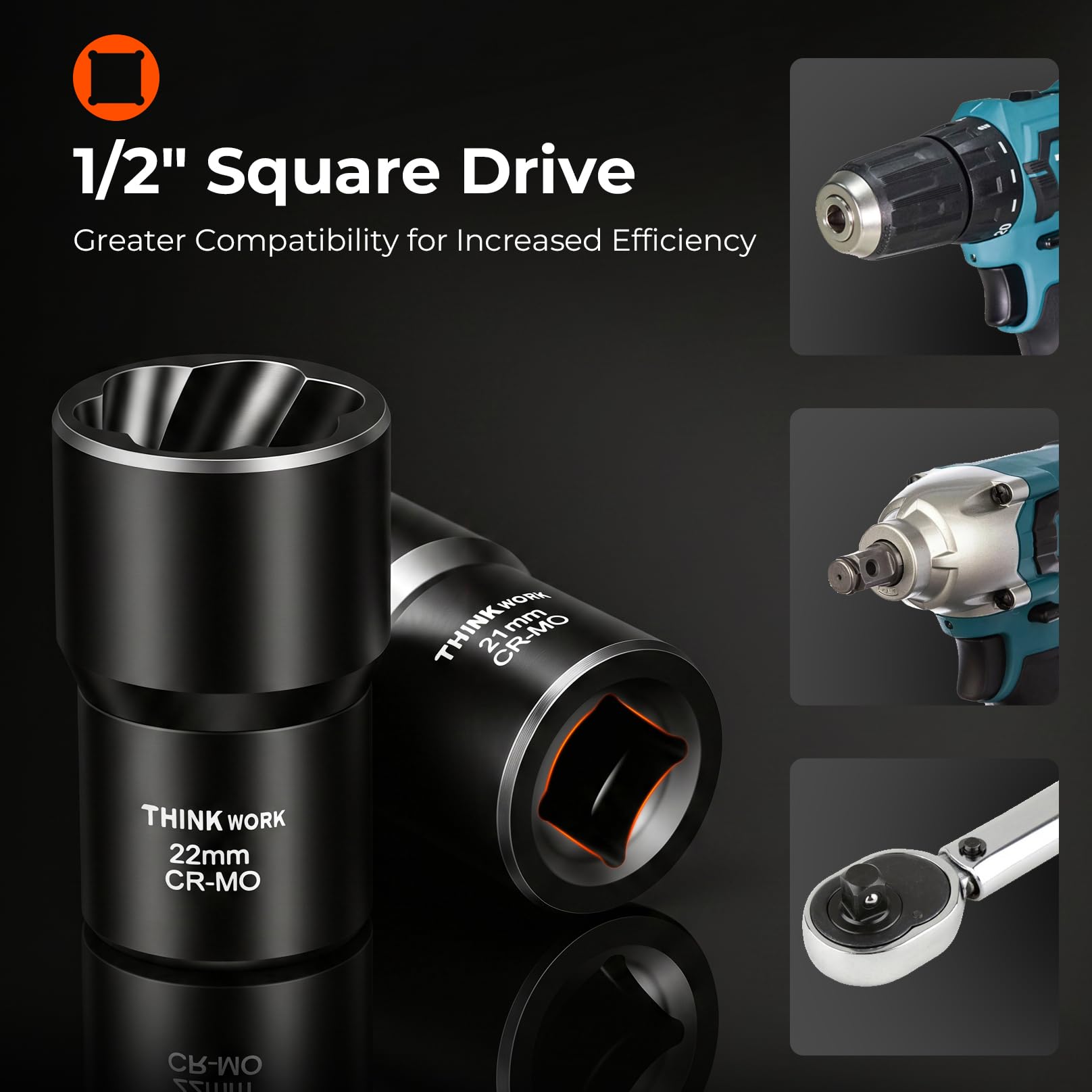 THINKWORK laser-etched size markings on sockets for quick identification and accurate tool selection