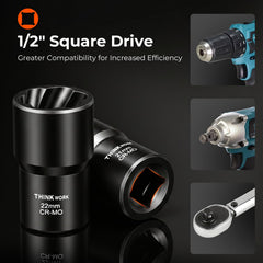 THINKWORK laser-etched size markings on sockets for quick identification and accurate tool selection